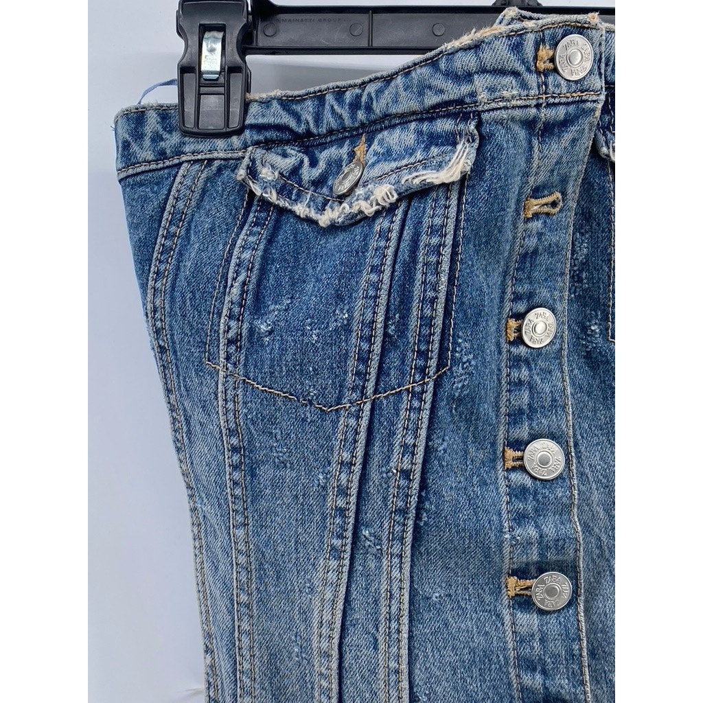 ZARA Women's Light Blue Denim Raw-Hem Button-UP Strapless Corset Top SZ M