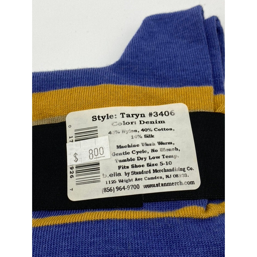 B.ELLA Women's Denim Blue-Gold Striped Knit Cotton-Blend Taryn Crew Socks SZ OS