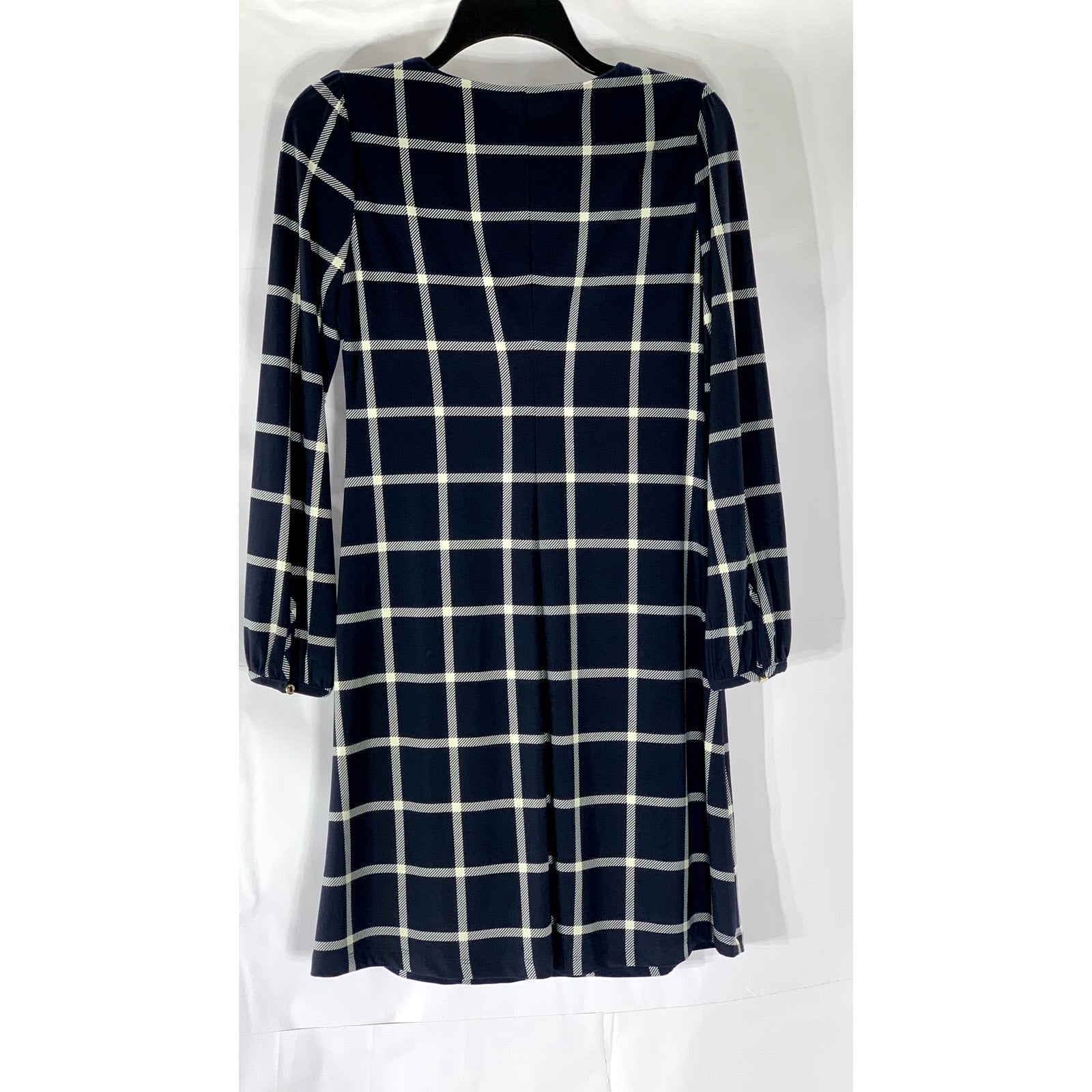 TOMMY HILFIGER Women's Navy Checkered Crewneck Long Sleeve Knee Length Dress SZS