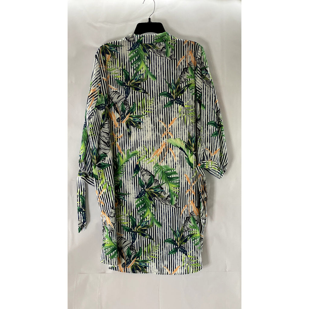 CUPSHE Women's White Striped Hawaiian Tropical Tie-Sleeve Cover-Up Dress SZ L
