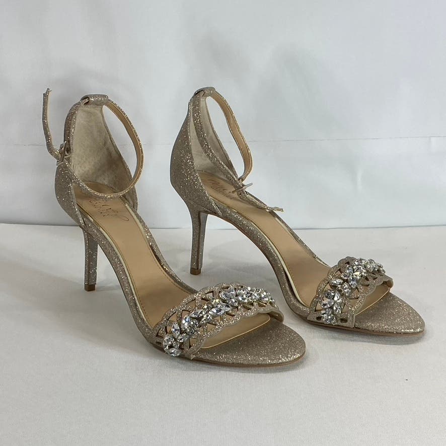 JEWEL BADGLEY MISCHKA Women's Gold Glitter Kirsten Laser Cut Sandals SZ 9