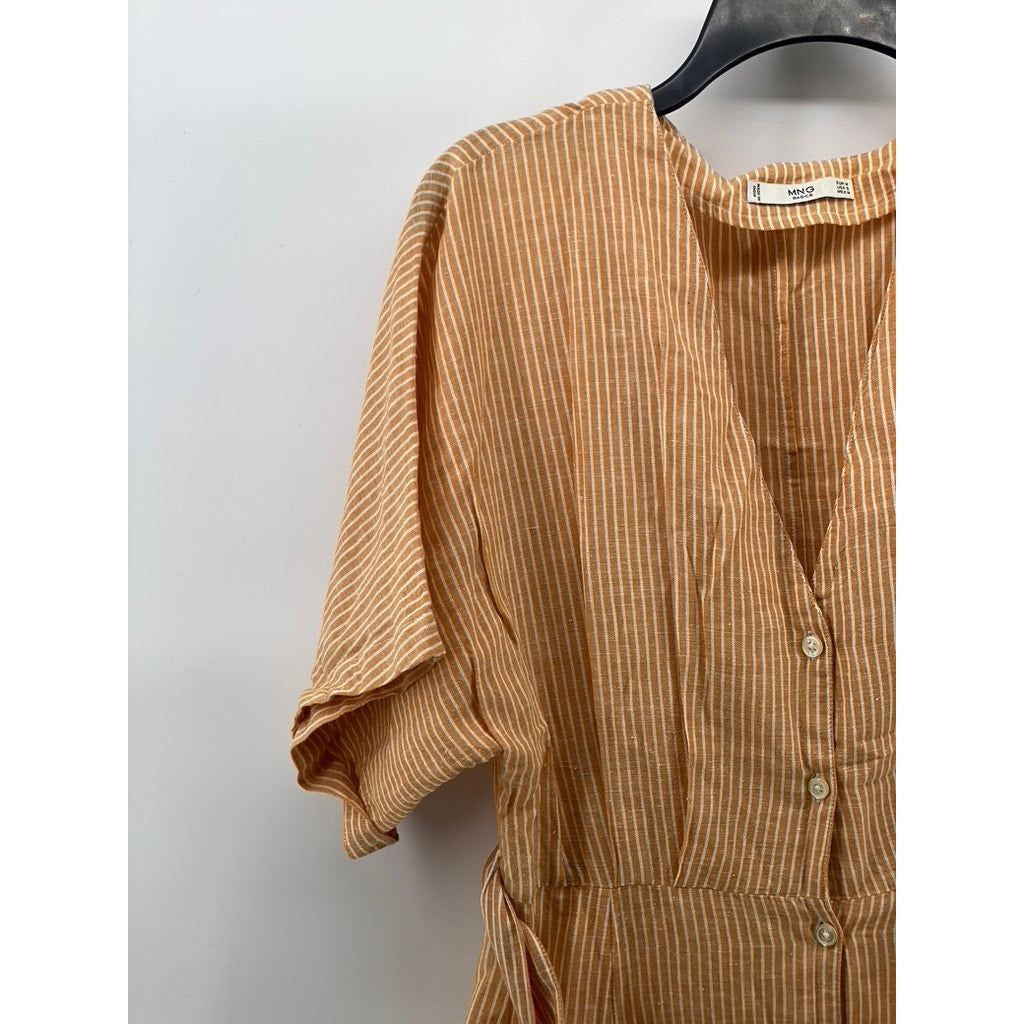 MNG BASICS Women's Orange-White Striped Button-Up Belted Midi Dress SZ S