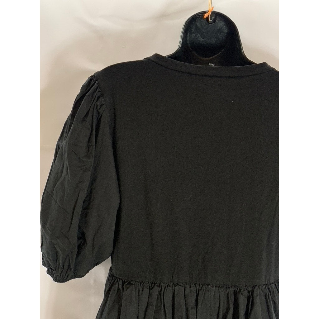 EN SAISON Women's Black Solid Crewneck Puff Sleeve Ruffle-Hem Mini Dress SZ L