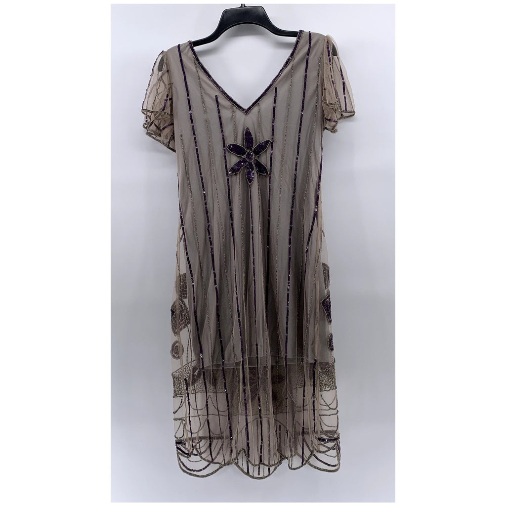 GATSBYLADY LONDON Women's Gray-Purple Beaded V-Neck Short Sleeve Dress SZ 6
