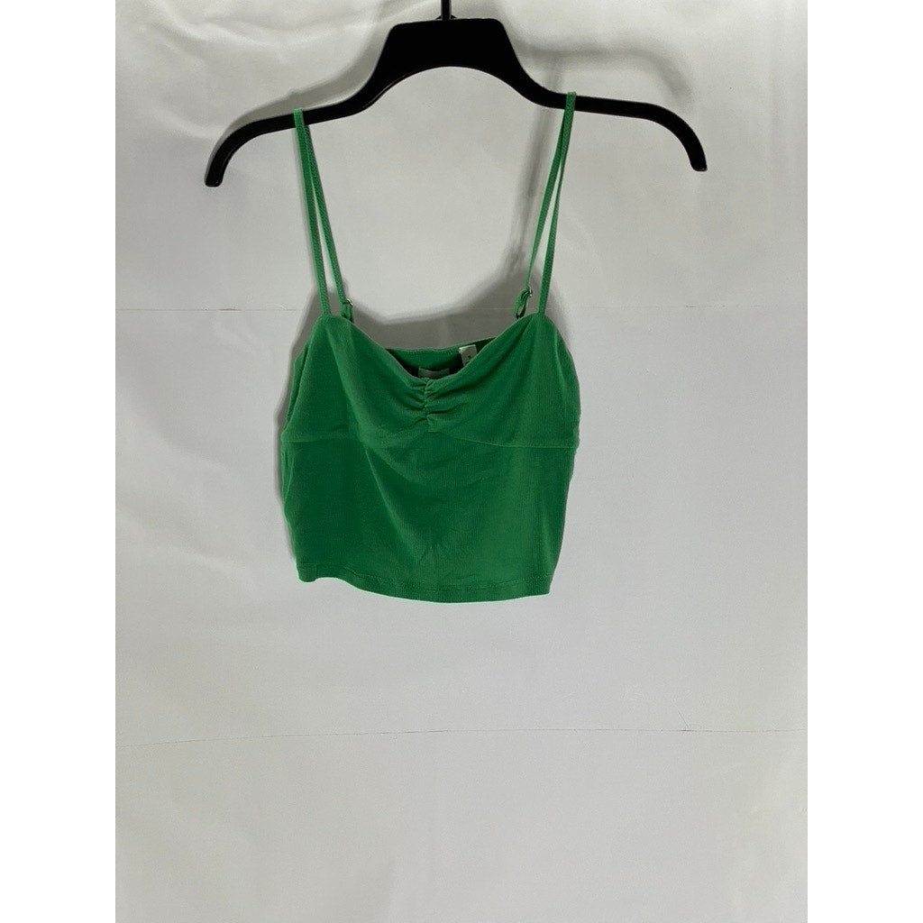 SUN-DEH Women's Dark Green Sweetheart Neck Adjustable Strap Ribbed Crop Top SZ S
