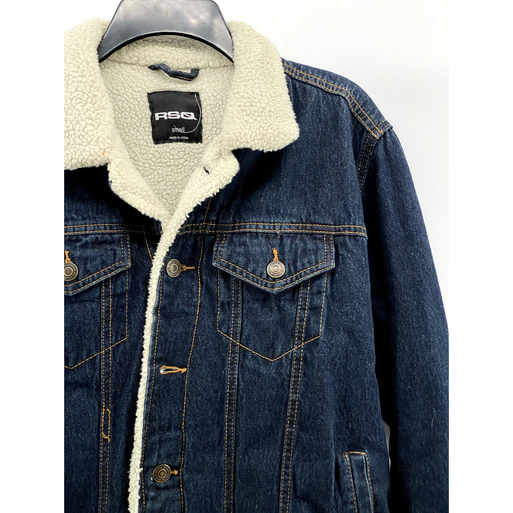 RSQ Men's Dark Blue Denim Button-Up Long Sleeve Sherpa Lined Jean Jacket SZ S