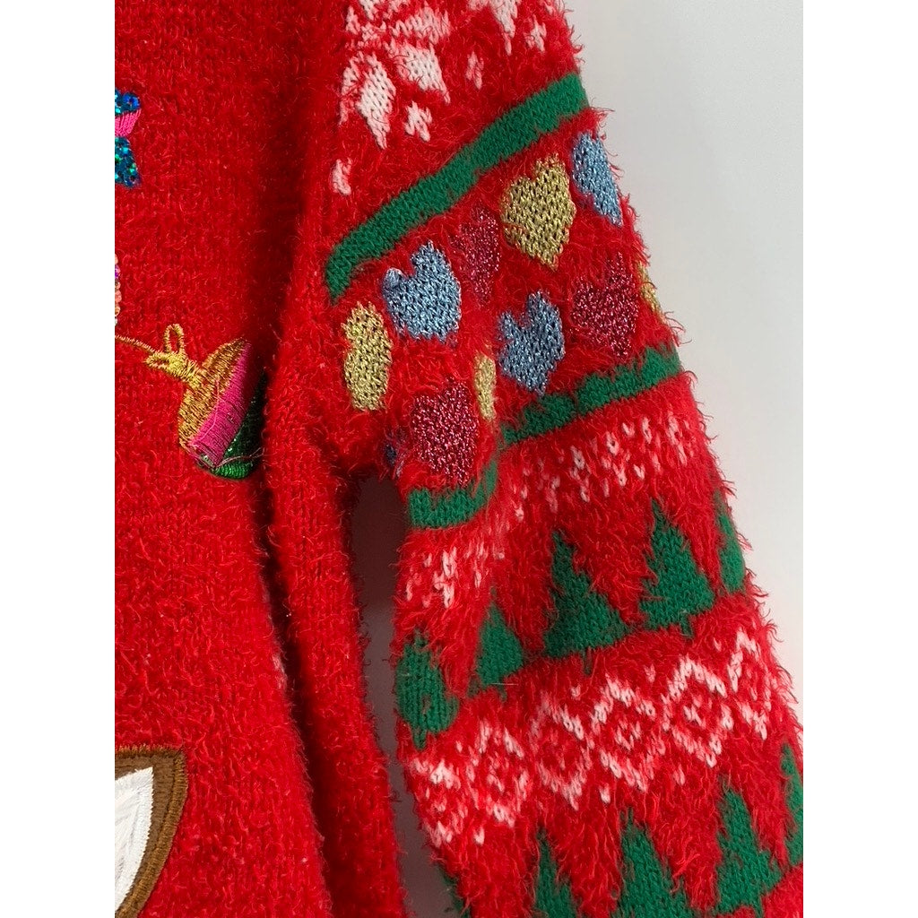 HOLIDAY TIME Girls' Plus Red-Green Faux-Fur Reindeer Knit Sweater SZ L(10/12)
