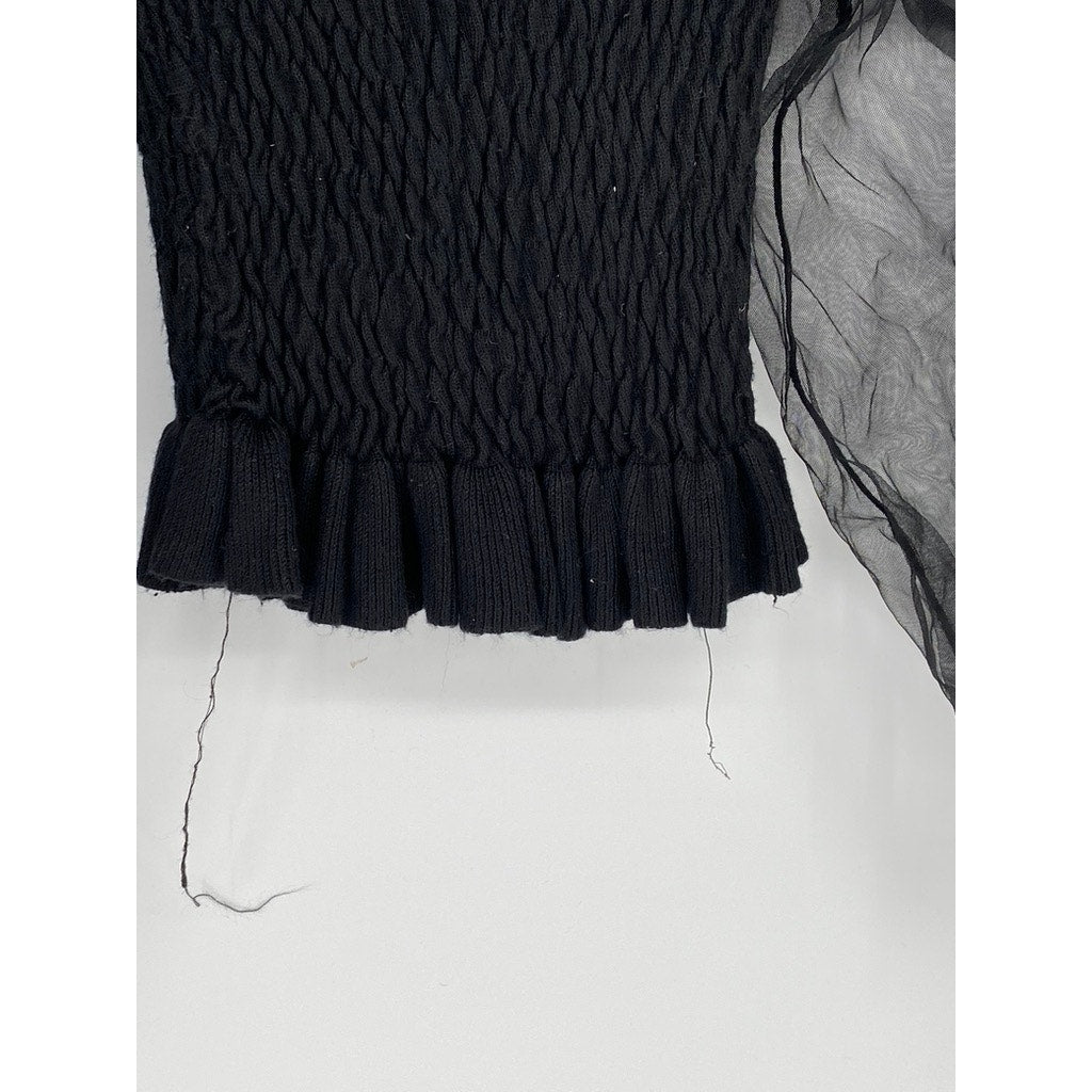 UNBRANDED Women’s Black Mesh Balloon Long Sleeve Smocked Crop Top SZ XS