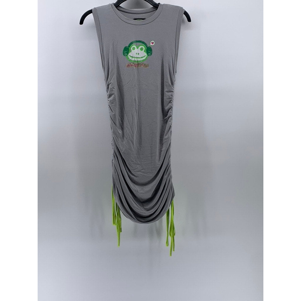 O-MIGHTY Women's Green-Gray Side Ruched Crewneck Monkey Sleeveless Dress SZ S