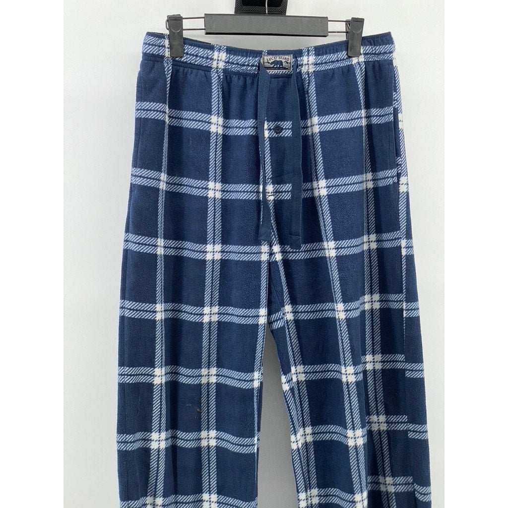 LUCKY BRAND Men's Dark Blue Checkered Fleece Relaxed-Fit Pajama Pants SZ M