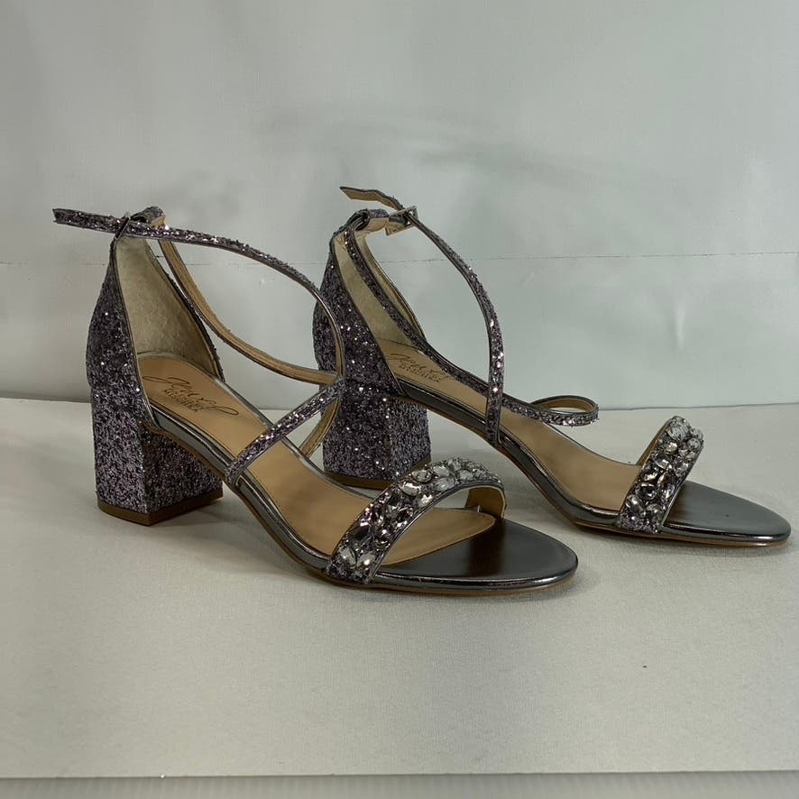 JEWEL BADGLEY MISCHKA Women's Smoke Glitter Claudia Block-Heel Sandals SZ 8