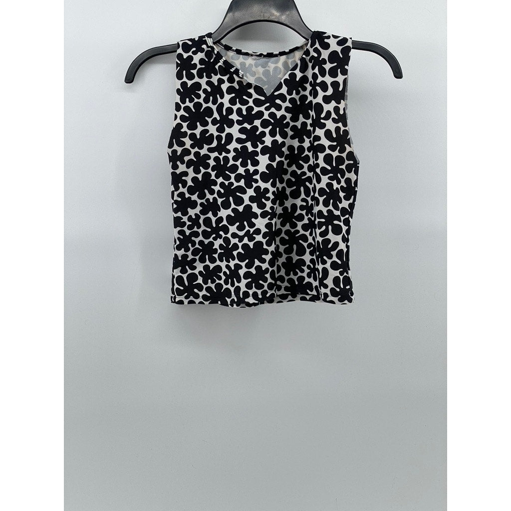 UNBRANDED Women's Black-White Floral Split-Neck Crewneck Sleeveless Top SZ S