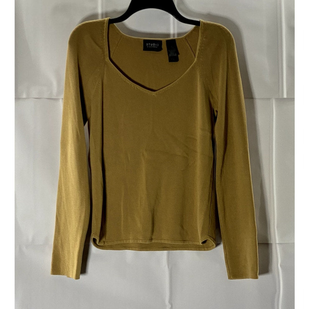 STUDIO BY LIZ CLAIBORNE Women's Tan V-Neck Knit Long Sleeve Pullover Top SZ M
