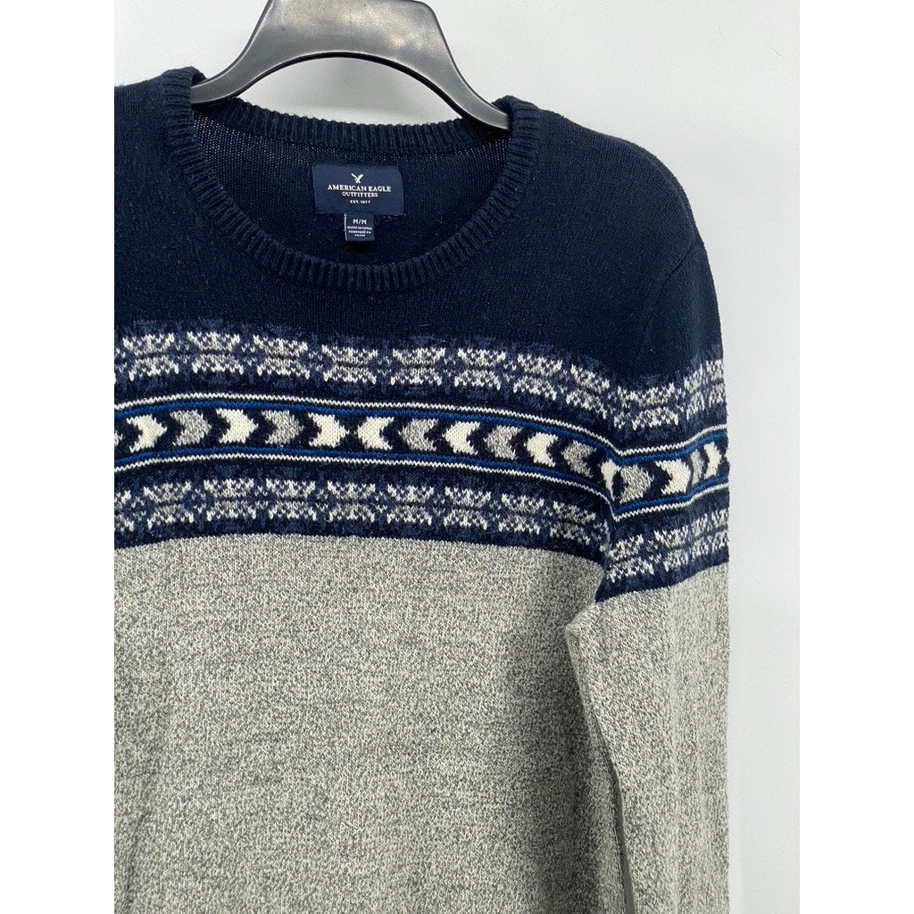 AMERICAN EAGLE Men's Navy Blue-Gray Arrow Crewneck Knit Long Sleeve Sweater SZ M