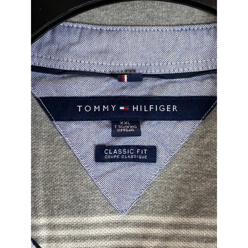 TOMMY HILFIGER Men's Gray Double-Striped Classic-Fit Short Sleeve Polo SZ 2XL