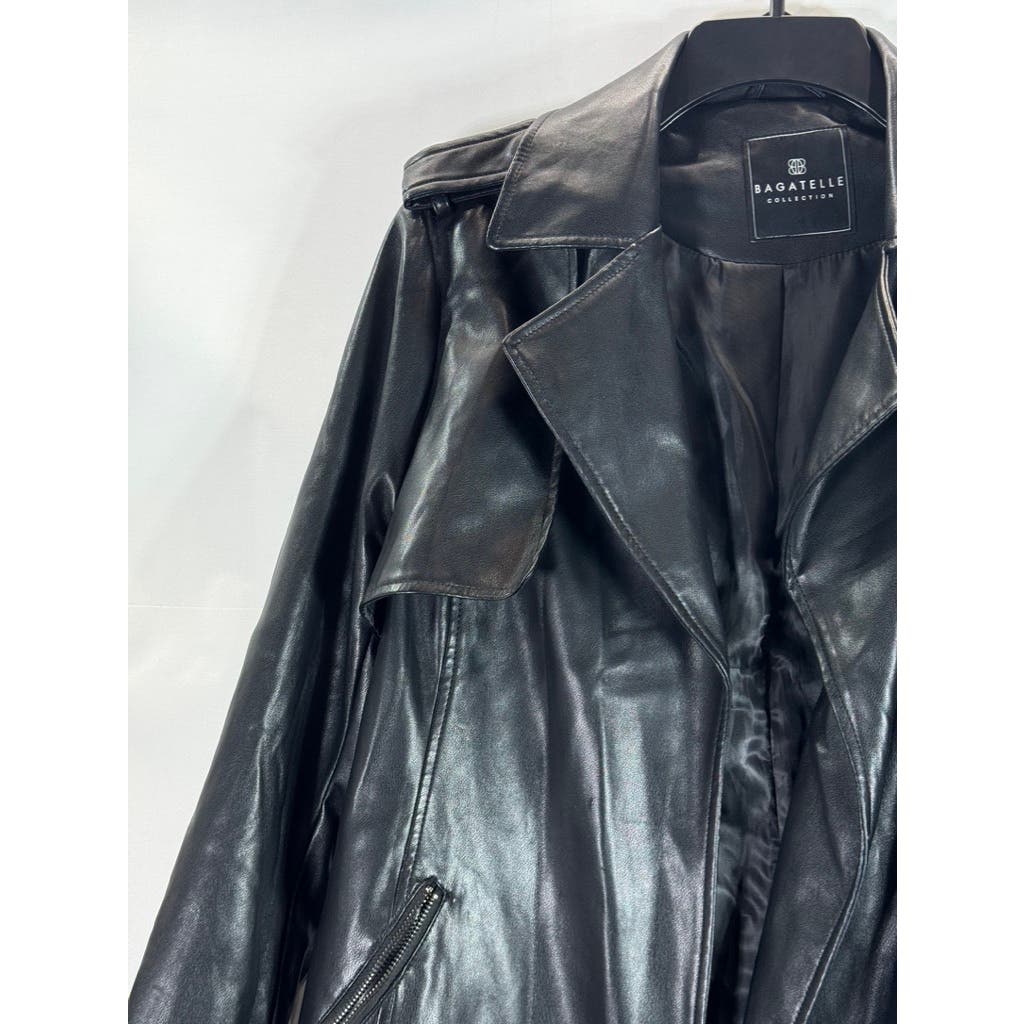 BAGATELLE Women's Black Faux Leather Grunge Chic Open Front Trench Coat SZ S