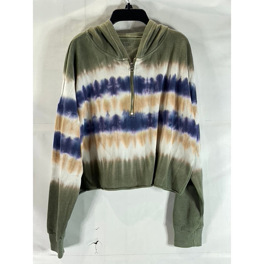 AERIE Women's Green Tie-Dye Quarter-Zip Hooded Cropped Pullover Sweater SZ M