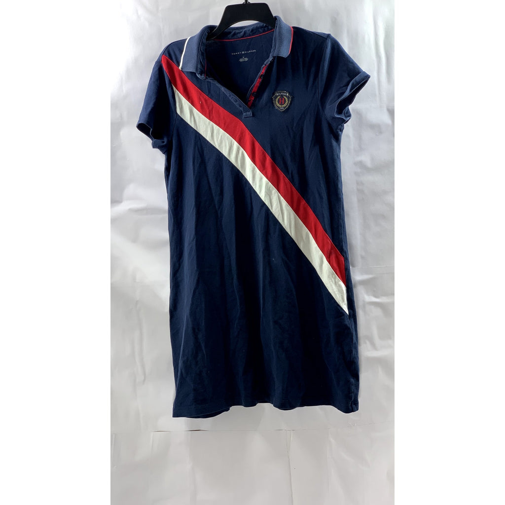 TOMMY HILFIGER Women's Navy Banner Stripe Short Sleeve Polo Mini Dress SZ M