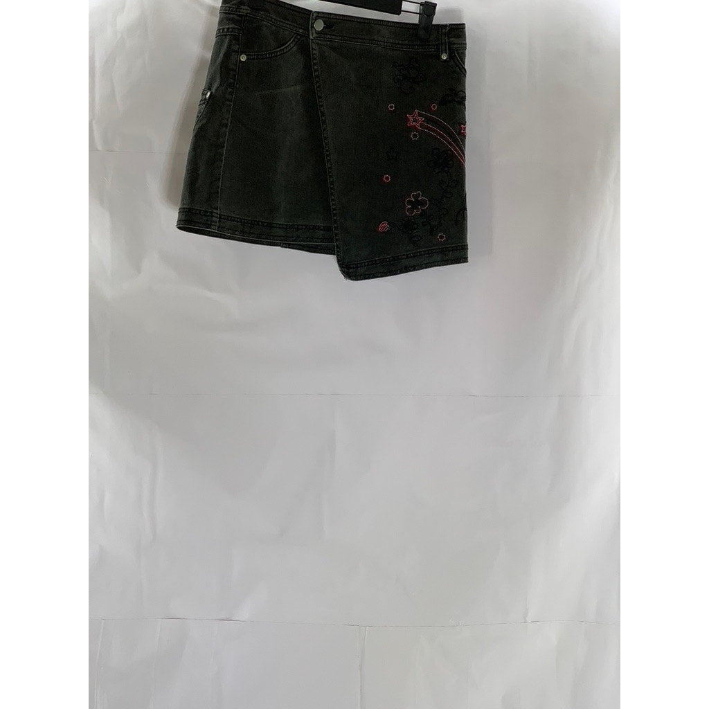 H&M Women's Black Denim Embroidered Star-Flower Mini Wrap Skirt SZ 6
