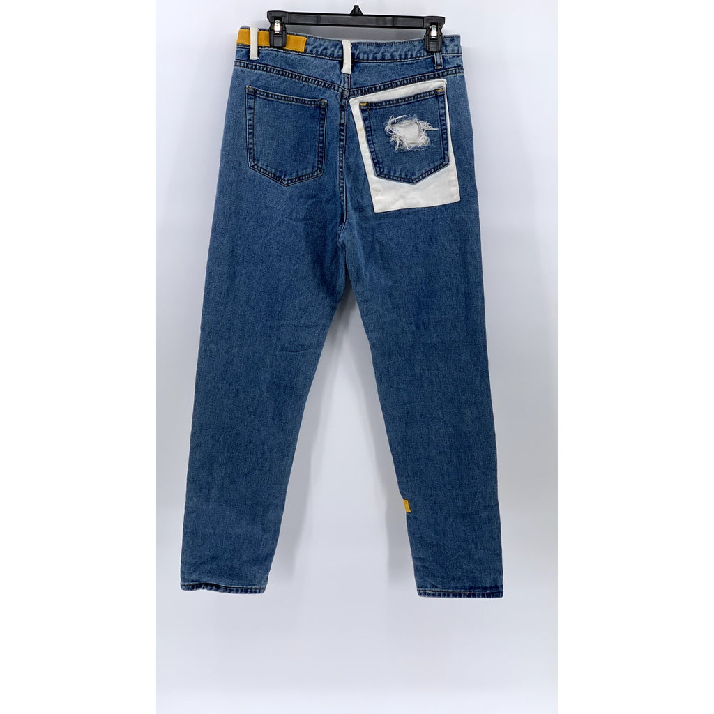 -CIDE Men’s Blue-White Color Block Denim Distressed Straight Leg Jeans SZ 31