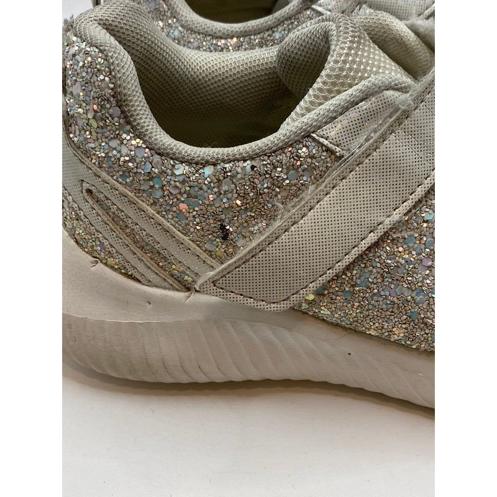 TOOZON Girls' White Glitter Embellished Round-Tie Lace-Up Strap Sneakers SZ 1
