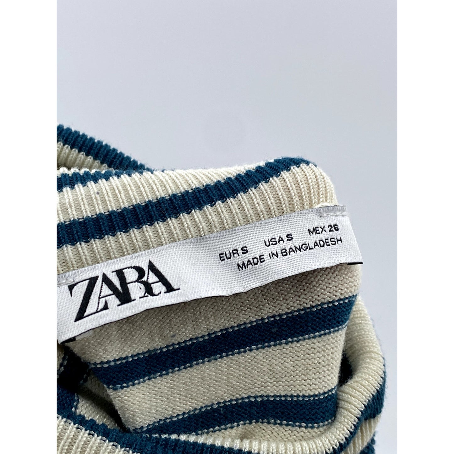 ZARA Women's Cream-Teal Blue Striped Knit Long Sleeve Turtleneck Top SZ S