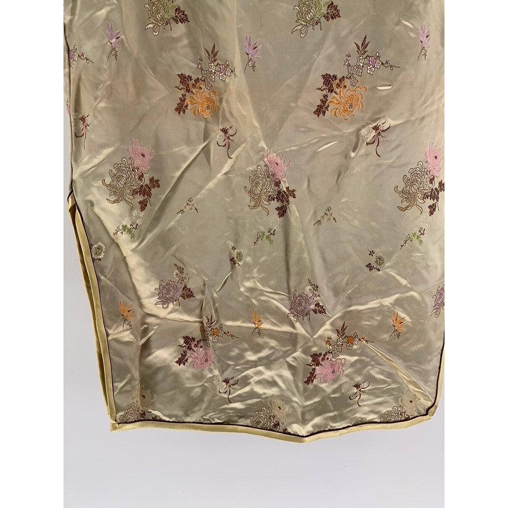 SILKROAD CREATIONS Women's Beige Satin Floral Print Cheongsam Dress SZ 40(US12)