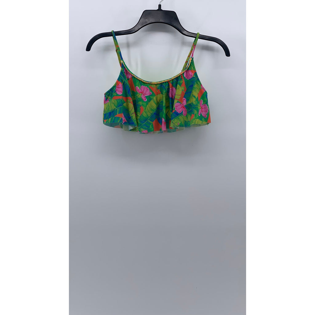 FARM Women's Floral Ruffle Spaghetti Strap Scoop Neck Bikini Top SZ M