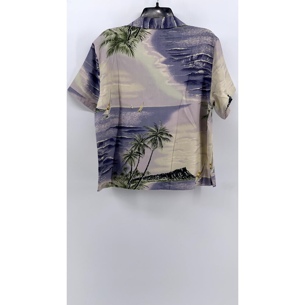 TOMMY BAHAMA Women's Blue Vintage Tropical Button-Up Silk Top SZ L