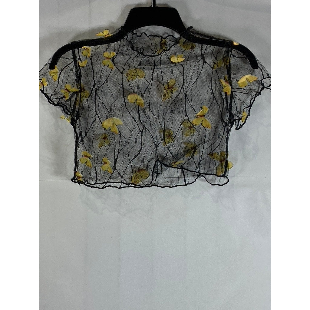 Women's Black/Yellow 3D Butterfly Mesh Short Sleeve Cover Up Top