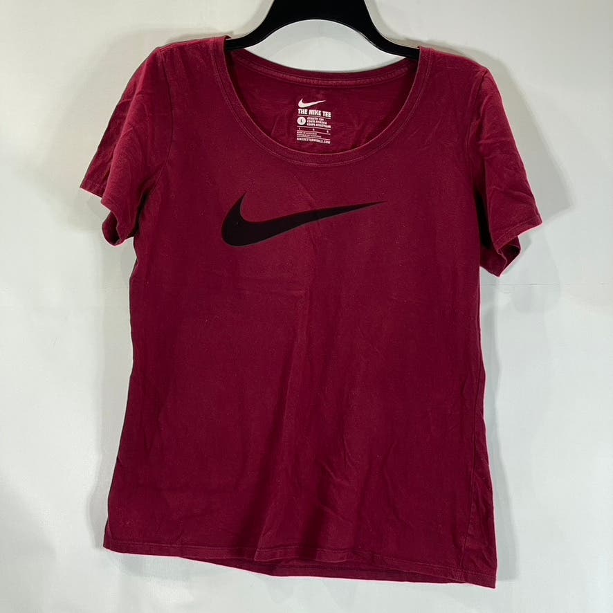 NIKE Women’s Burgundy Scoop-Neck Swoosh Logo Athletic Cut Short Sleeve Top SZ L