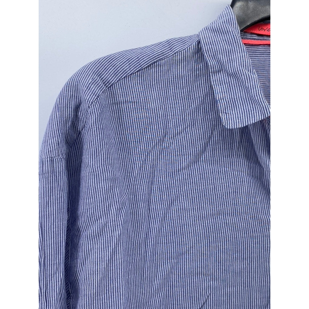 LOVE MANGO Women's Blue Striped Regular-Fit Button-Up Long Sleeve Top SZ S