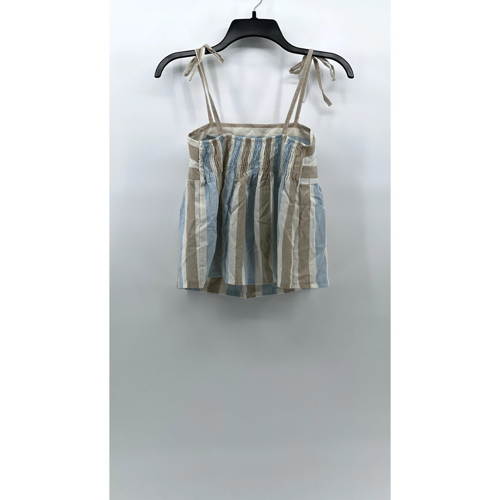 UNBRANDED Women's Blue-Tan Striped Straight-Neck Tie-Strap Ruffle Top SZ S