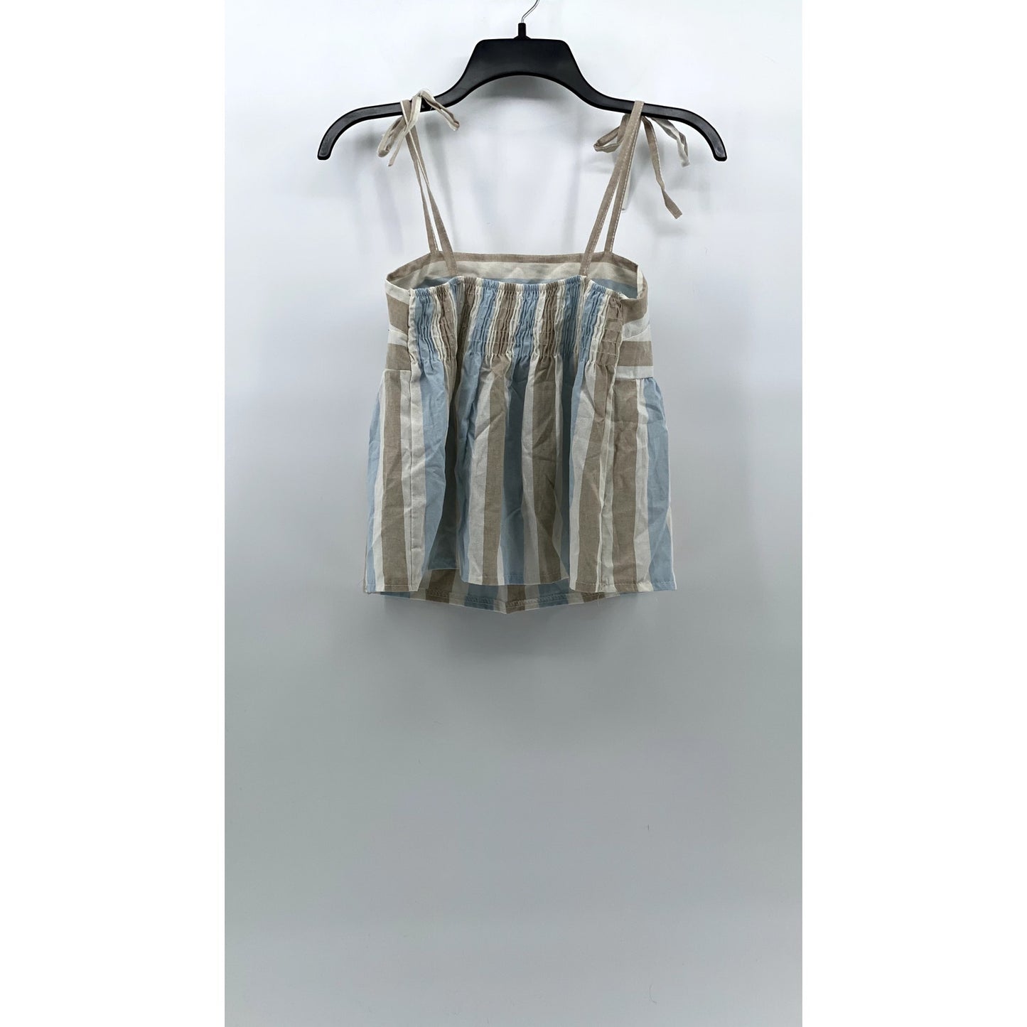 UNBRANDED Women's Blue-Tan Striped Straight-Neck Tie-Strap Ruffle Top SZ S