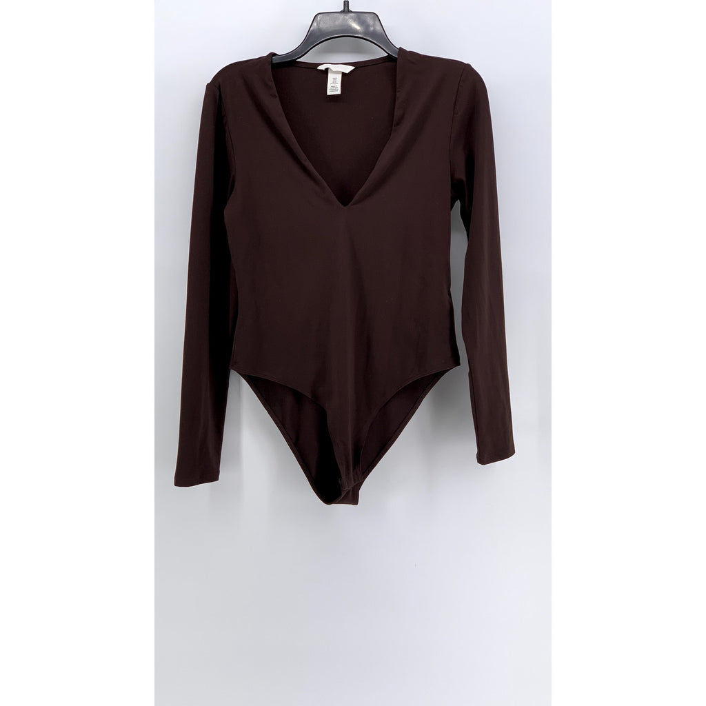 H&M Women's Brown Solid V-Neck Long Sleeve Bodysuit SZ M