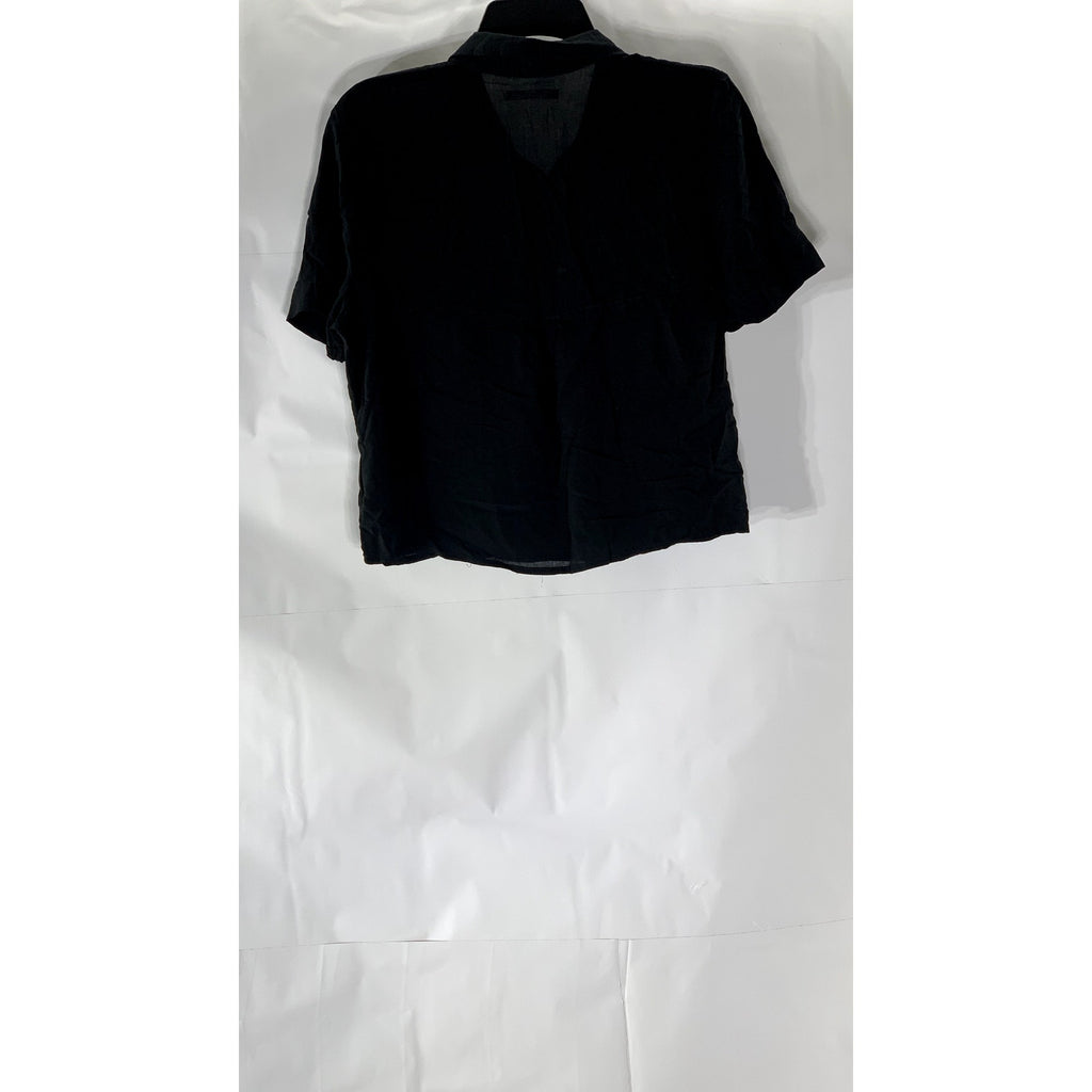 PULL & BEAR Women's Black Relaxed-Fit Button-Up Short Sleeve Cropped Top SZ L
