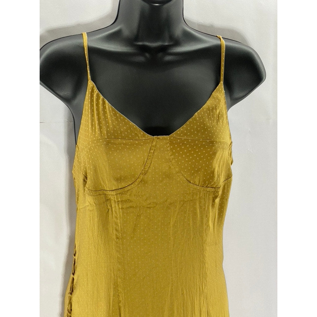 SIMPLE RETRO Women's Gold Micro Dot Print V-Neck Side Slit Midi Dress SZ S