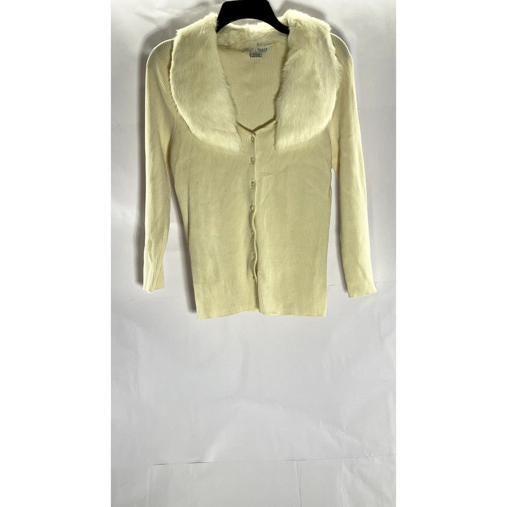 WHITE HOUSE BLACK MARKET Women's Beige Fur-Collar Ribbed Button-Up Cardigan SZ M