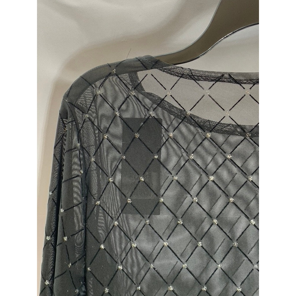 UNBRANDED Women's Black Mesh Glitter Diamond Detail Long Sleeve Bodysuit SZ S
