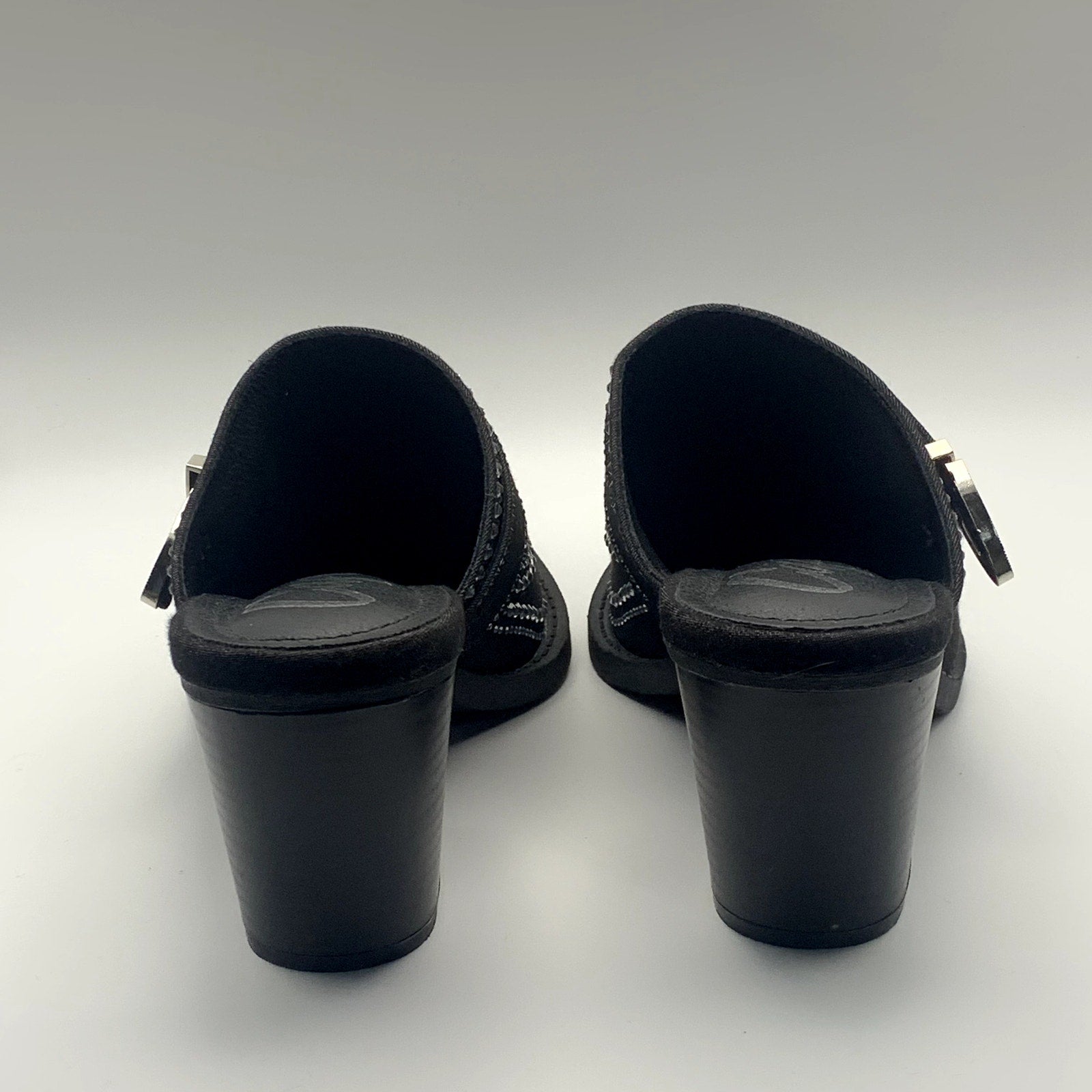 CAPE ROBBIN Women's Black Viv Rhinestone Denim Buckle Pointed-Toe Heels SZ 8