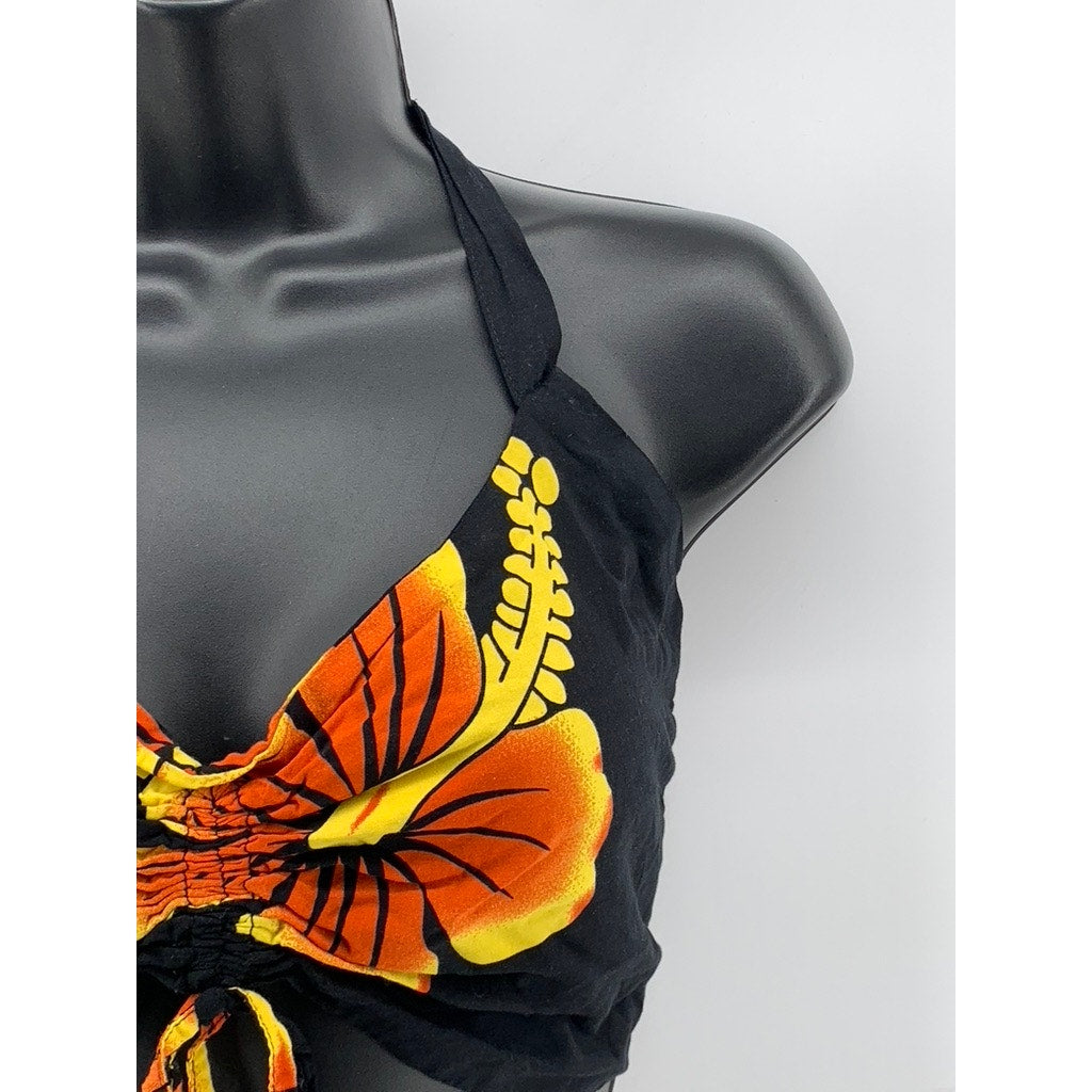 FAVANT HAWAII Women's Black-Orange Floral V-Neck Tie-Back Crop Top SZ OS