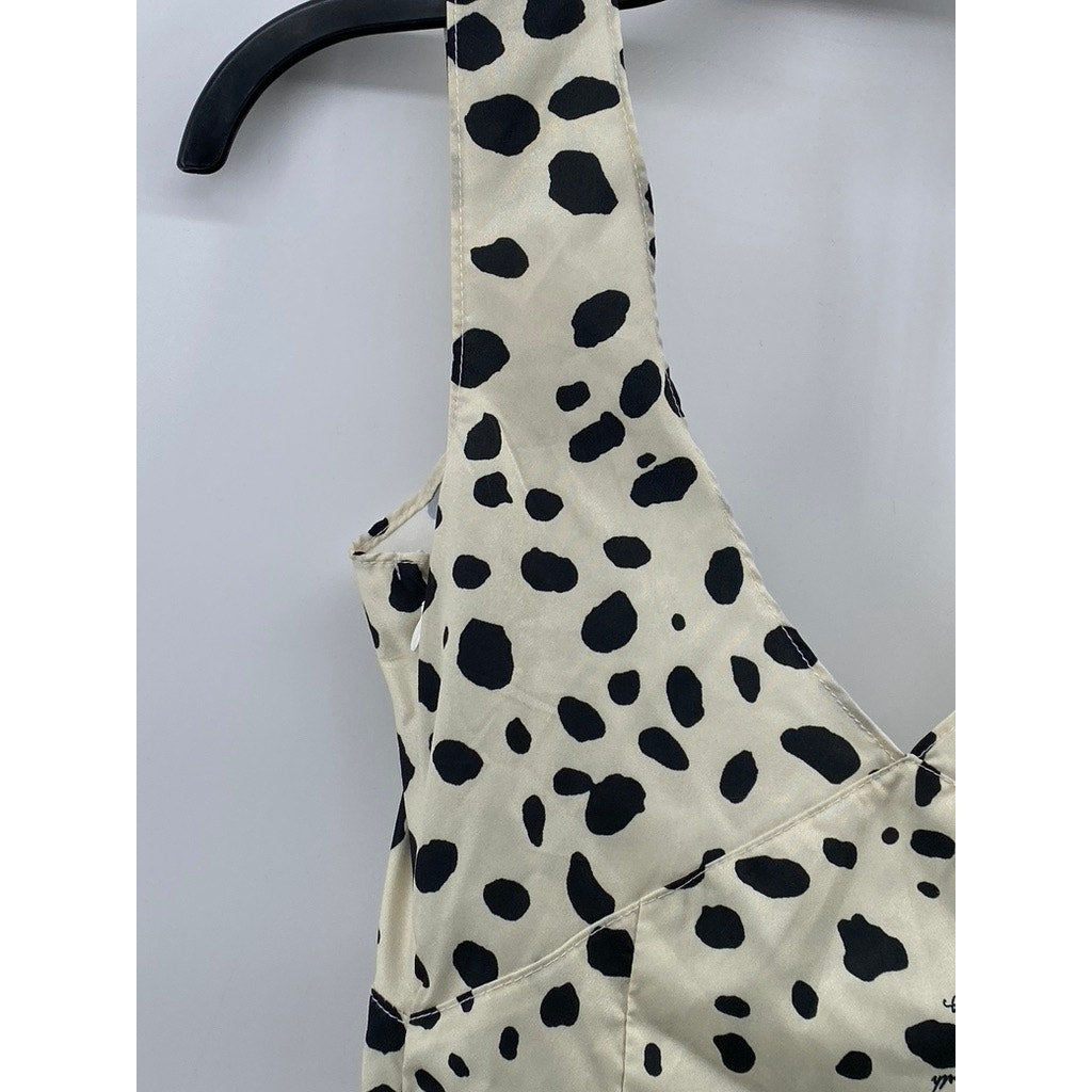 ZANER STUDIO Women's Beige-Black Printed V-Neck Ruffle A-Line Mini Dress SZ S