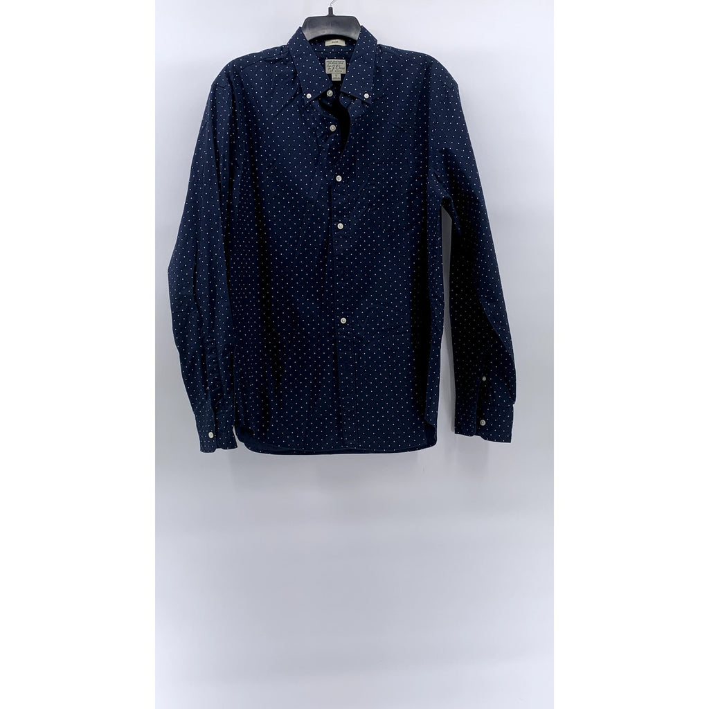 J.CREW Men's Navy Blue-White Micro Dot Stretch Slim-Fit Button-Up Shirt SZ L