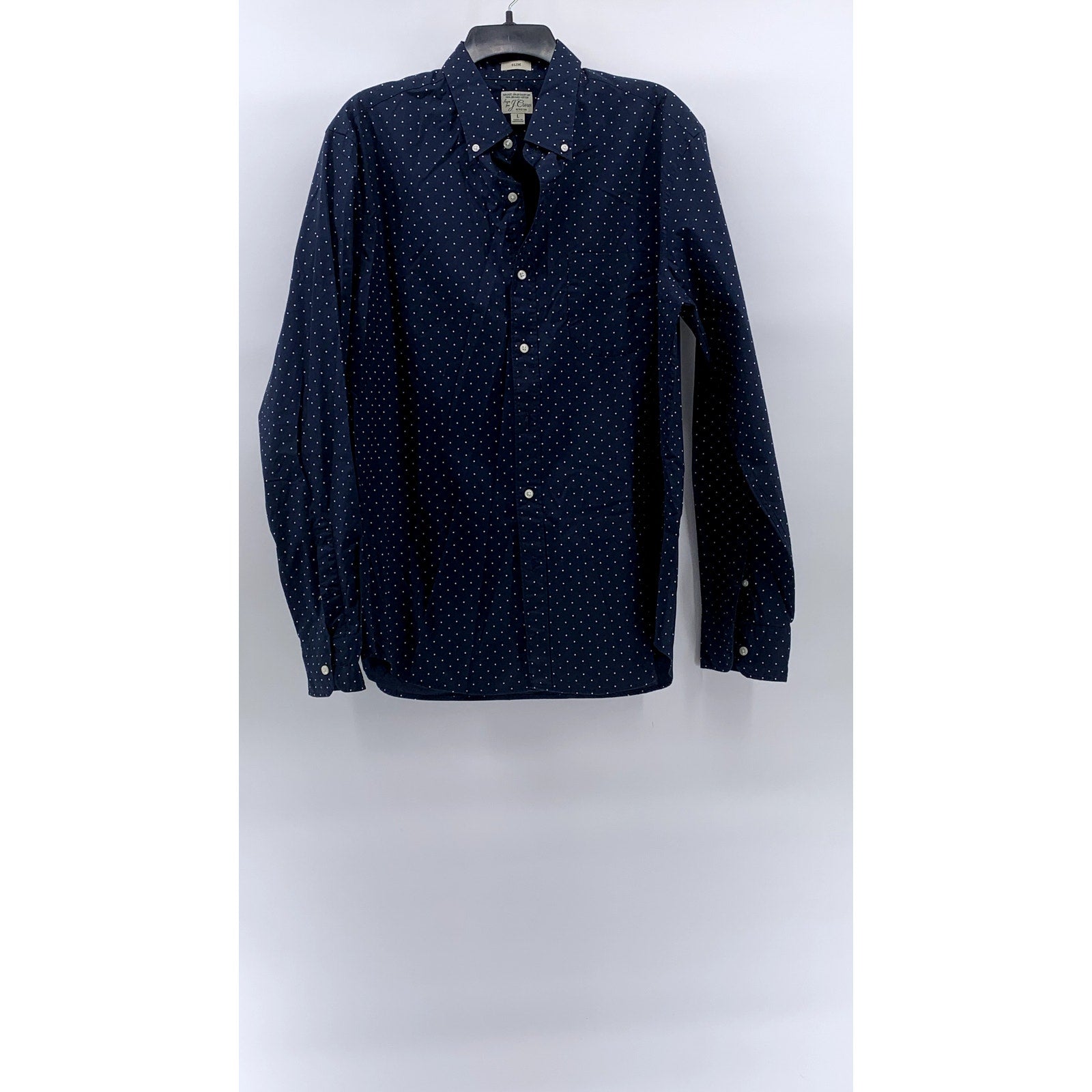 J.CREW Men's Navy Blue-White Micro Dot Stretch Slim-Fit Button-Up Shirt SZ L