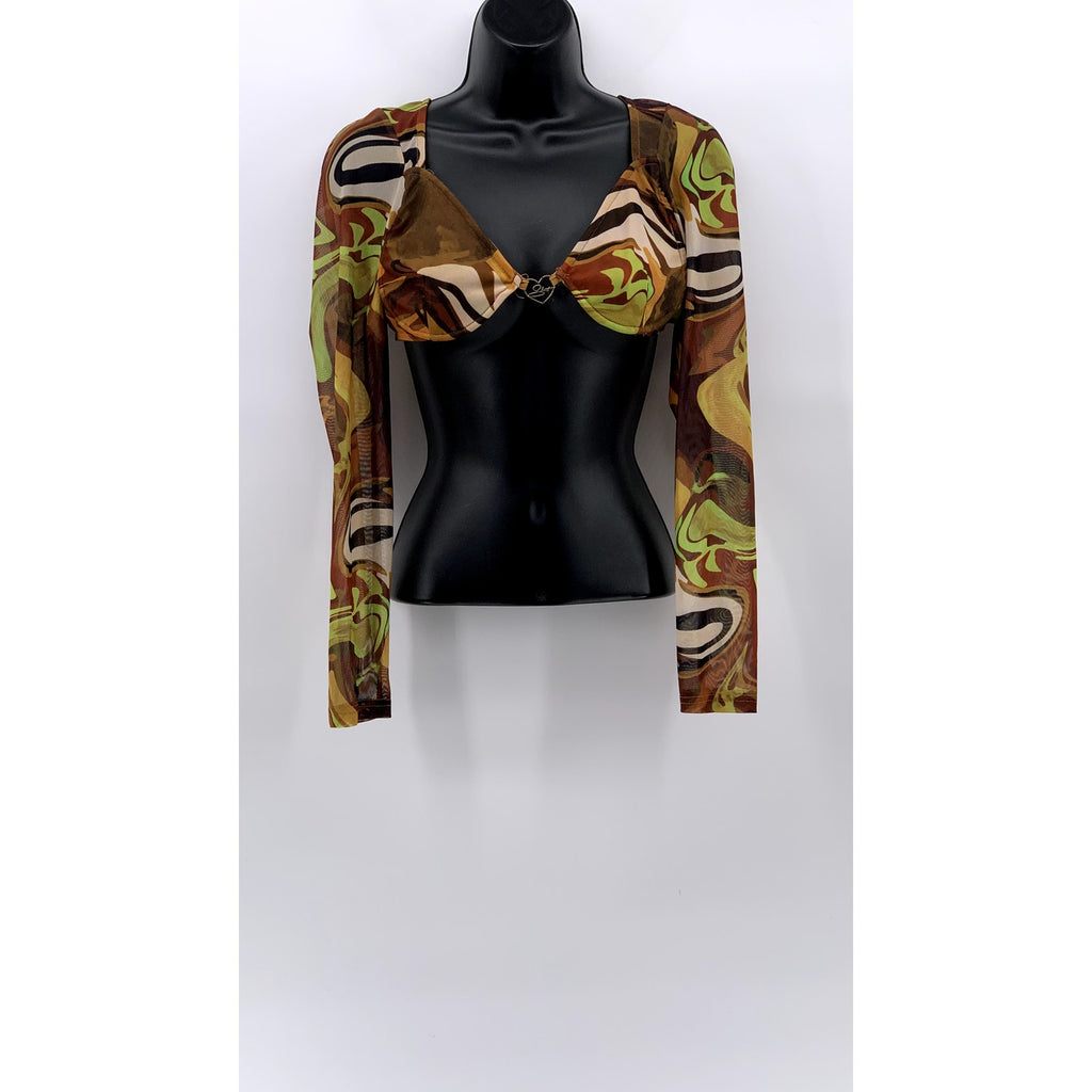 PRETTYLITTLETHING Women's Brown-Multi Sheer Mesh Long Sleeve Cropped Top SZ 10