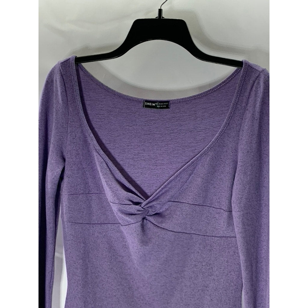 SHEIN Women's Purple V-Neck Twist-Front Long Flare Sleeve Knit Top SZ L