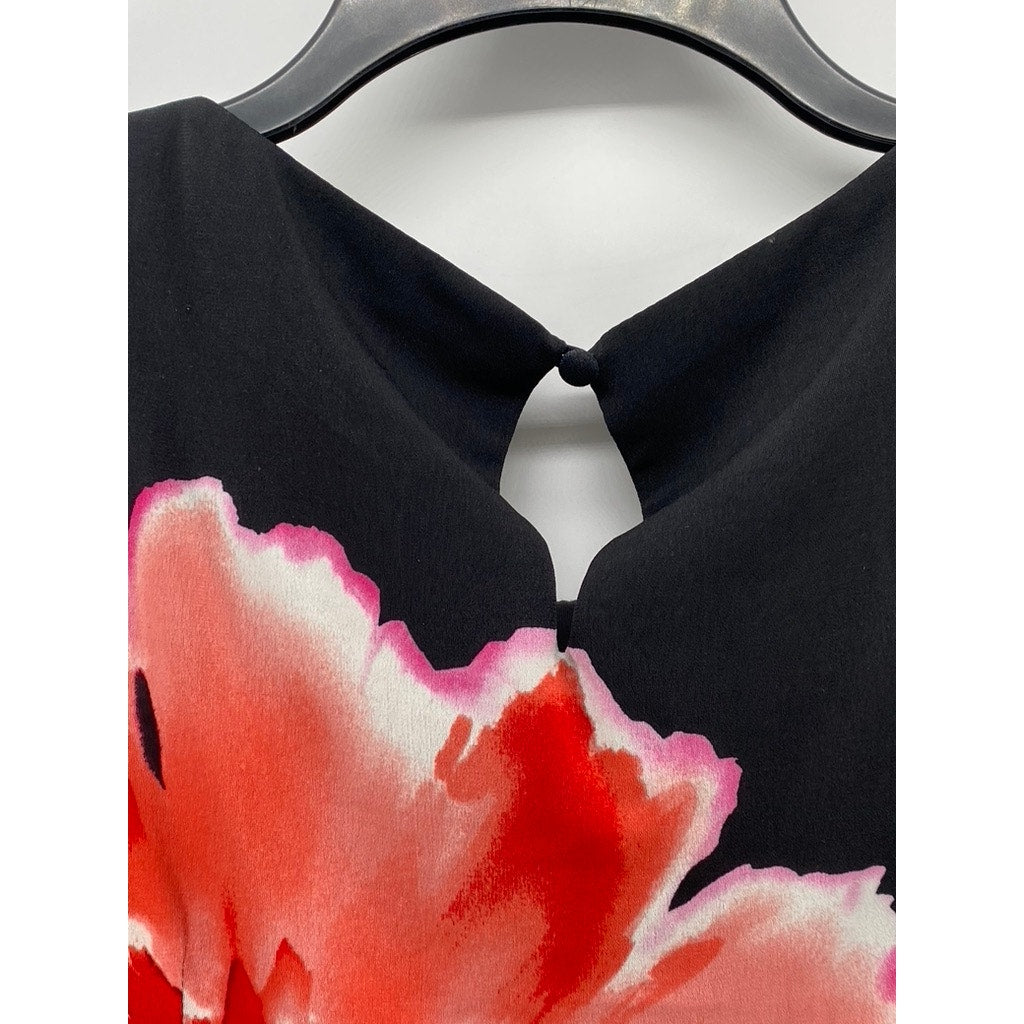 LONDON TIMES Women's Black Floral Crewneck Sheath Knee Length Dress SZ 6