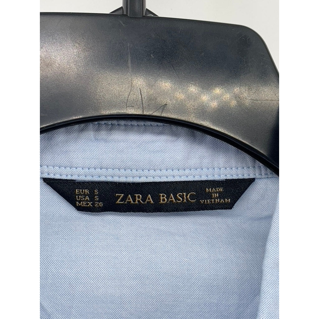 ZARA BASIC Women's Light Blue Cut-Off Button-Up Long Sleeve Top SZ S