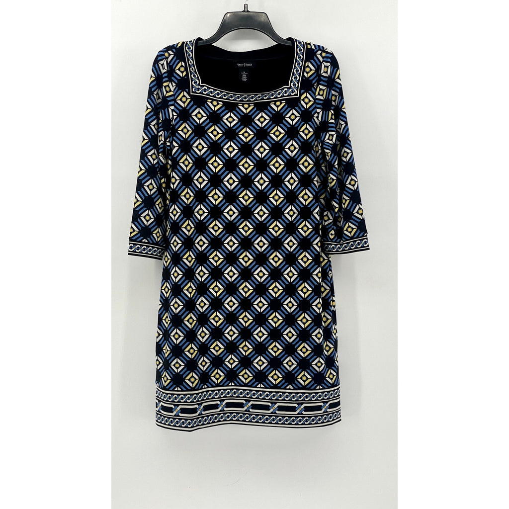 WHITE HOUSE BLACK MARKET Women's Black Geo Print 3/4 Sleeve Dress SZ M
