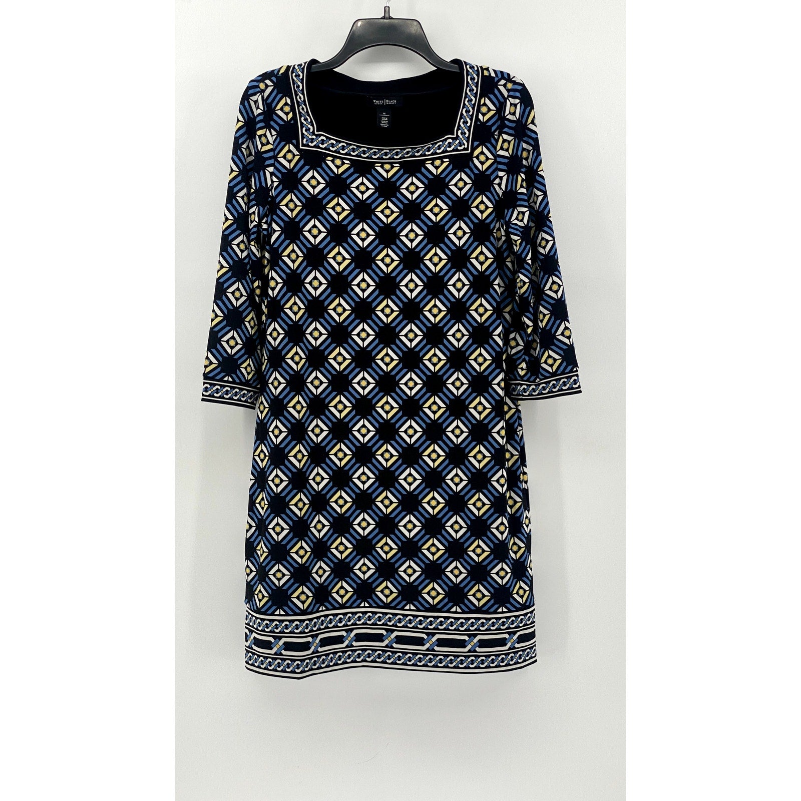 WHITE HOUSE BLACK MARKET Women's Black Geo Print 3/4 Sleeve Dress SZ M